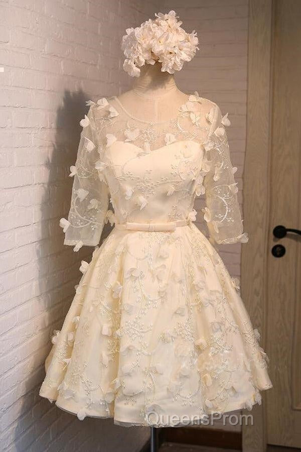 A-Line Half Sleeves Tulle Homecoming Dress With Appliques