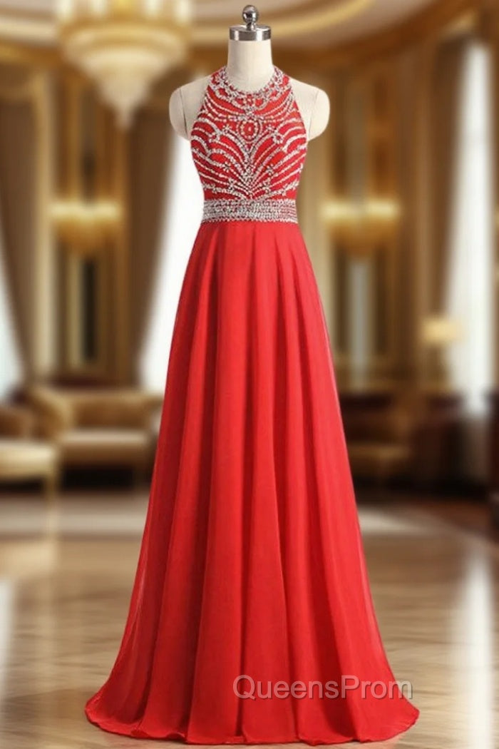 A-Line Halter Backless Chiffon Beading Sequins Evening Prom Dress