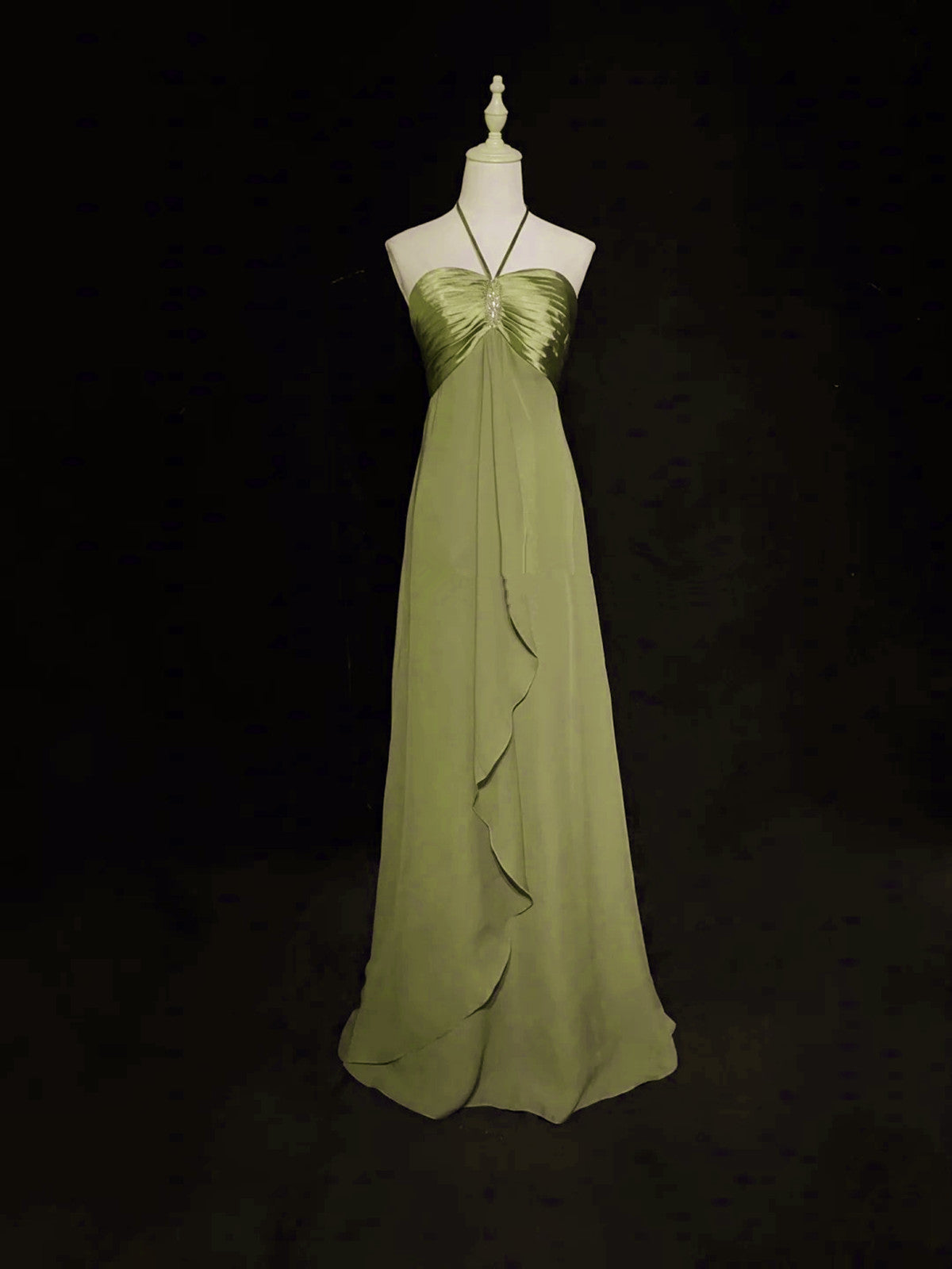 A-Line Halter Chiffon And Satin Long Party Dress, Green Low Back Classy Prom Dress Main image