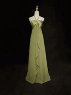 A-Line Halter Chiffon And Satin Long Party Dress, Green Low Back Classy Prom Dress