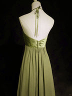 A-Line Halter Chiffon And Satin Long Party Dress, Green Low Back Classy Prom Dress