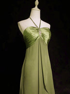A-Line Halter Chiffon And Satin Long Party Dress, Green Low Back Classy Prom Dress