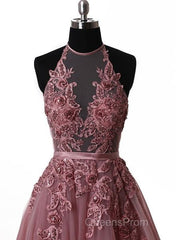 A Line Halter Neck Lace Evening Prom Dress With Sweep Train, Backless Formal Dress, Evening Dress