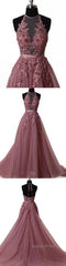 A Line Halter Neck Lace Evening Prom Dress With Sweep Train, Backless Formal Dress, Evening Dress