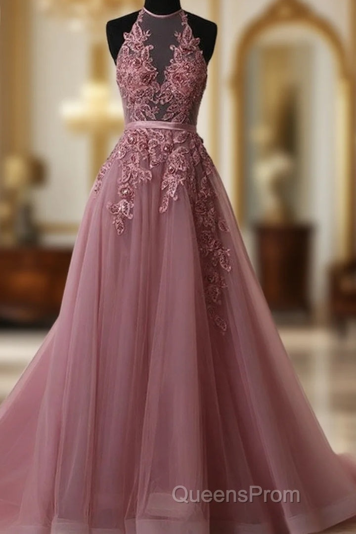 A Line Halter Neck Lace Evening Prom Dress With Sweep Train, Backless Formal Dress, Evening Dress Main image
