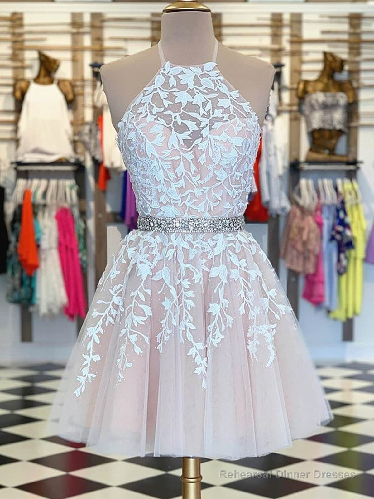 A Line Halter Neck Short Champagne Lace Prom Dresses,Lace Formal Homecoming Dress Main image