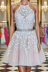 A Line Halter Neck Short Pink Lace Evening Prom Dress with Belt, Pink Lace Formal Graduation Homecoming Dress