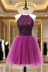 A-line Halter Short Mini Flowers Appliques Lace Beaded Elegant Short Cocktail Dress