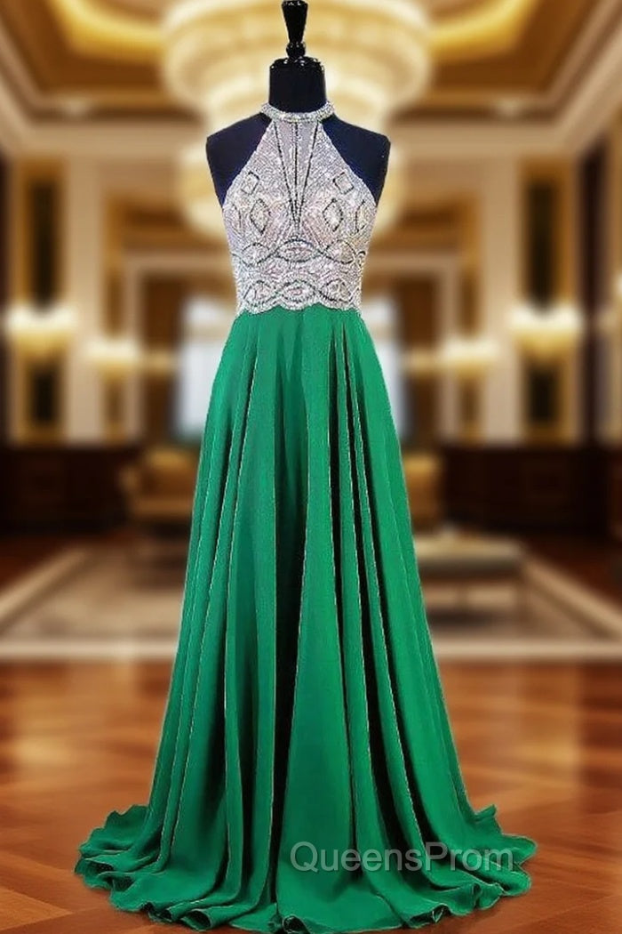 A-line Halter Sleeveless Beaded Floor Length Chiffon Evening Prom Dress