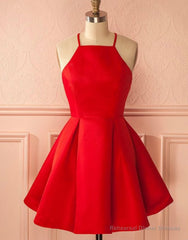 A-Line Halter Sleeveless Short Red Satin Homecoming Dress