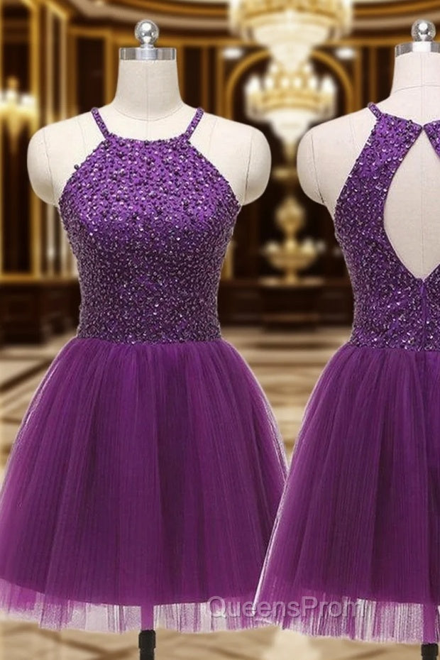 A-line Halter Sleeveless Tulle Short/Mini Homecoming Dress With Beading Pleated Sequins Main image
