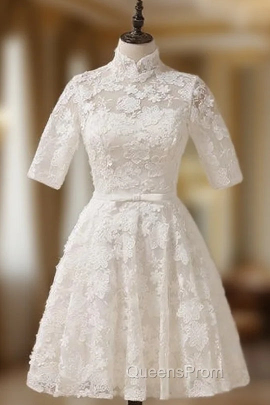 A-line High Collar Lace Half Sleeves Knee Length Wedding Dress Main image