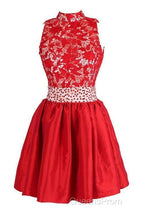 A-Line High Neck Knee Length Satin Homecoming Dress With Lace