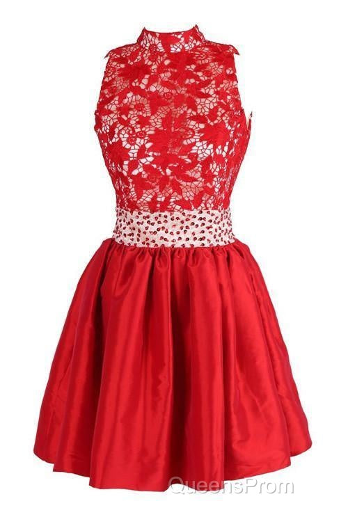 A-Line High Neck Knee Length Satin Homecoming Dress With Lace