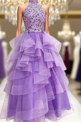 A-Line High Neck Light Purple Tulle Appliques Long Evening Prom Dress with Beading