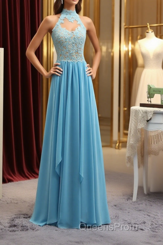 A Line High Neck Open Back Lace Chiffon Ruffles Blue Long Evening Prom Dress, Blue Lace Formal Dress, Blue Lace Graduation Dress Main image
