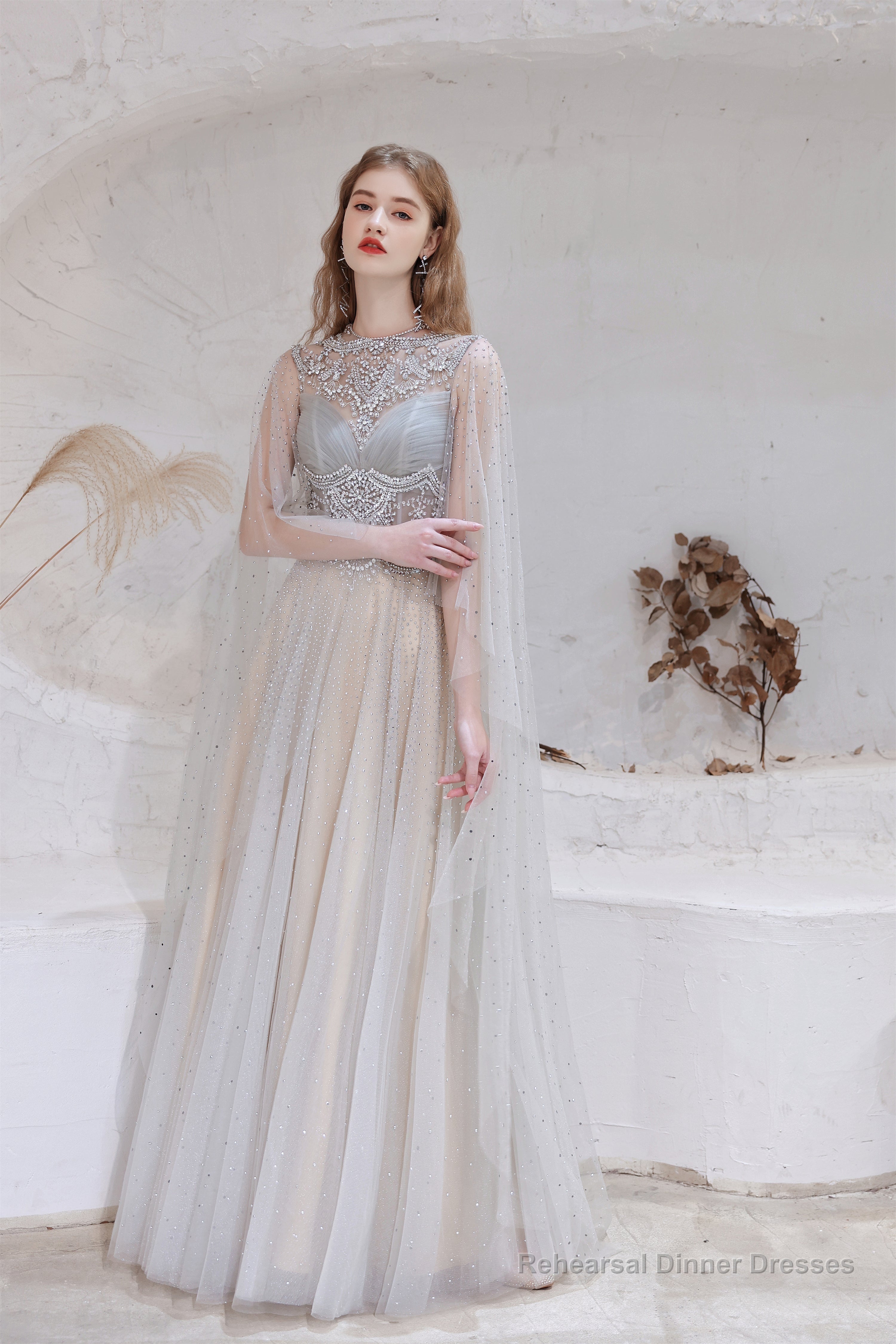 A Line High Neck Sleeveless Beading Tulle Floor Length Prom Dresses Main image