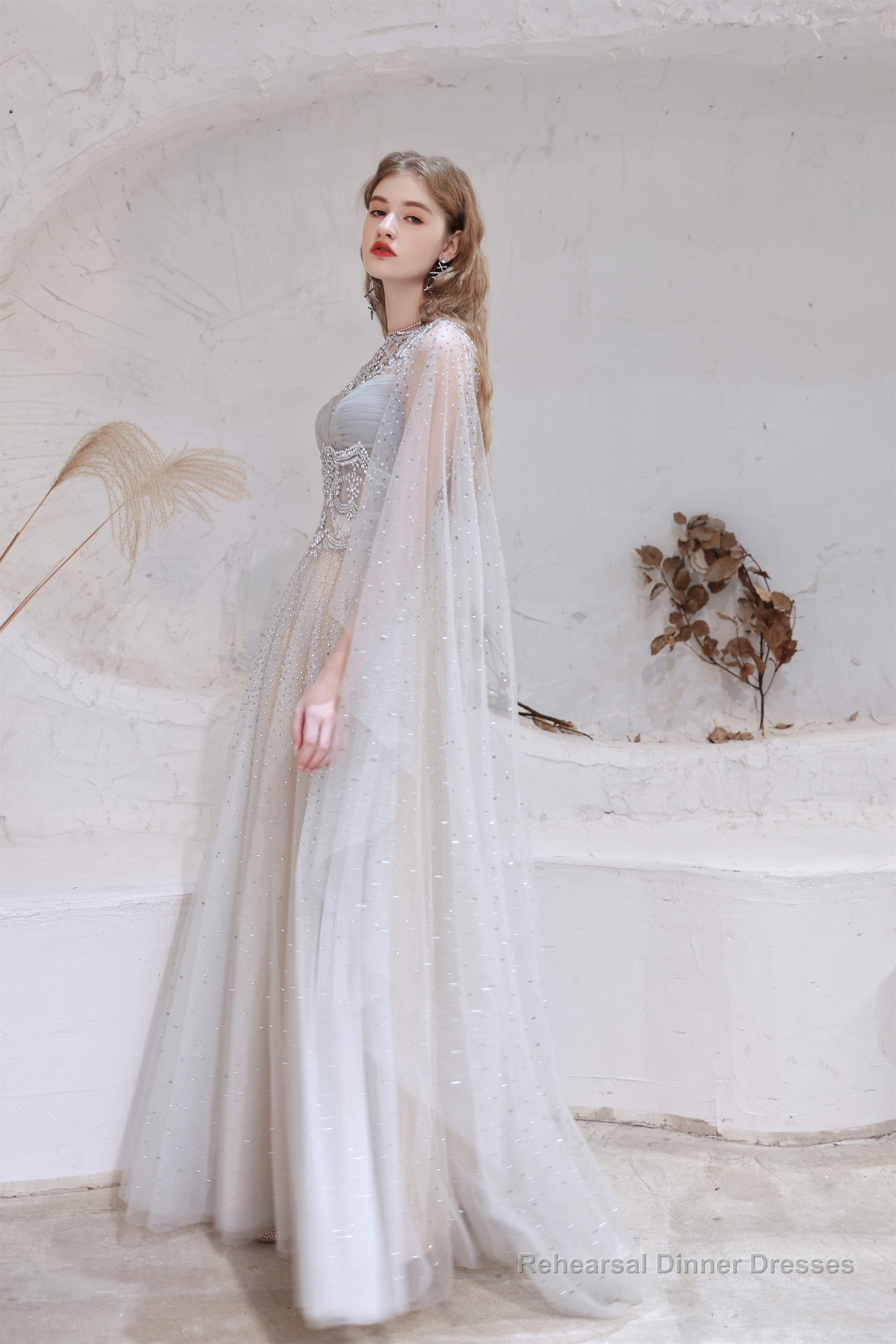 A Line High Neck Sleeveless Beading Tulle Floor Length Prom Dresses Secondary image