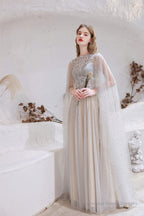 A Line High Neck Sleeveless Beading Tulle Floor Length Prom Dresses