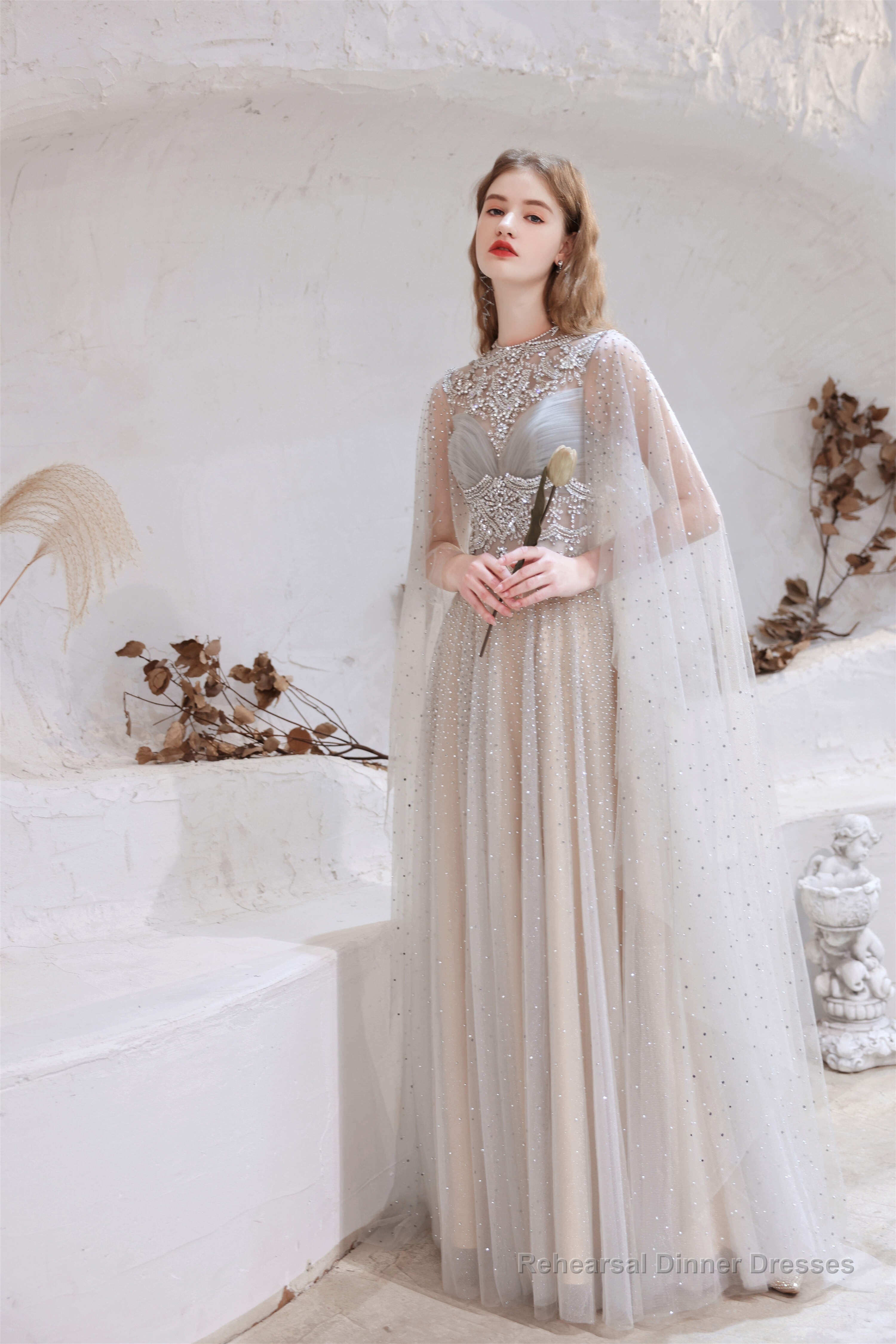 A Line High Neck Sleeveless Beading Tulle Floor Length Prom Dresses