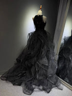 A-Line High Neck Tulle Ball Gown Sequin Black Classy Prom Dress With Beads