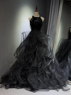 A-Line High Neck Tulle Ball Gown Sequin Black Classy Prom Dress With Beads