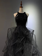 A-Line High Neck Tulle Ball Gown Sequin Black Classy Prom Dress With Beads