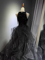 A-Line High Neck Tulle Ball Gown Sequin Black Classy Prom Dress With Beads