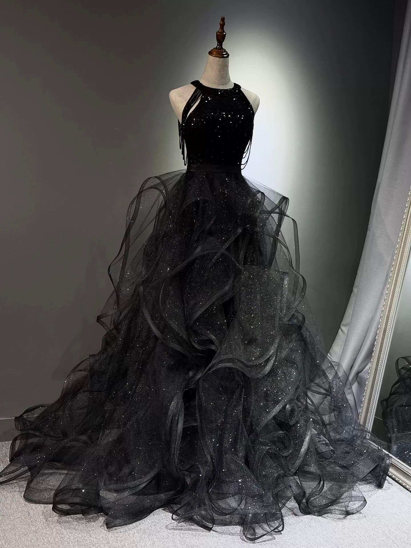 A-Line High Neck Tulle Ball Gown Sequin Black Classy Prom Dress With Beads Main image