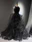 A-Line High Neck Tulle Ball Gown Sequin Black Classy Prom Dress With Beads