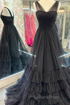 A line Illusion V Neck Layers Tulle Evening Prom Dress