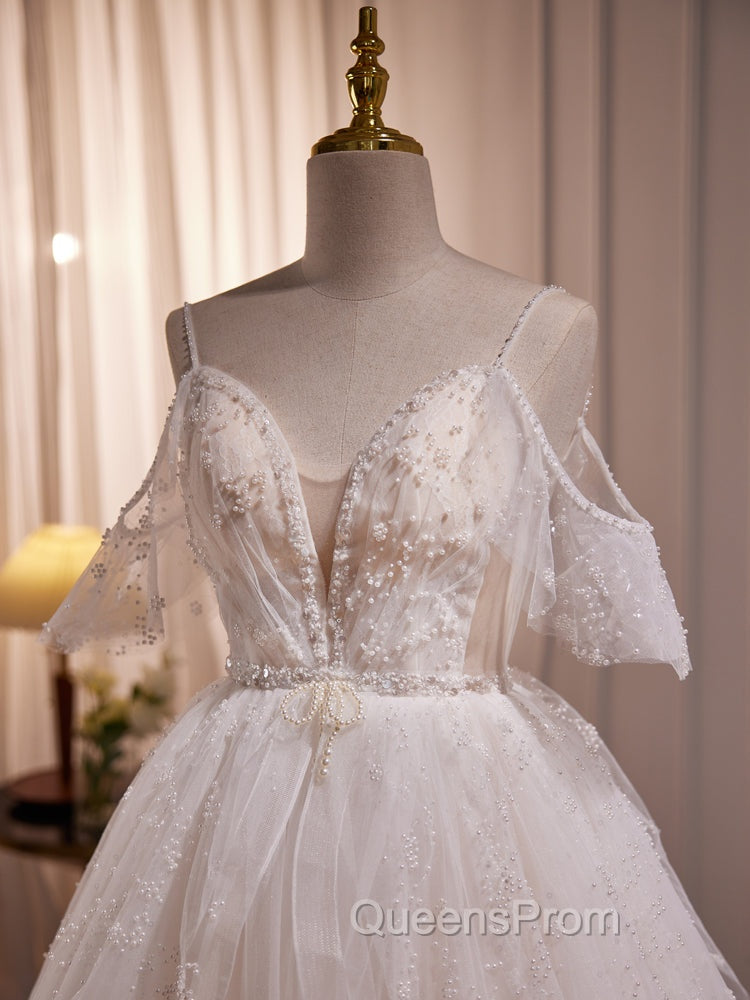 A-line Ivory Beaded Tulle Long Wedding Party Dress, Ivory Tulle Floor Length Evening Prom Dress