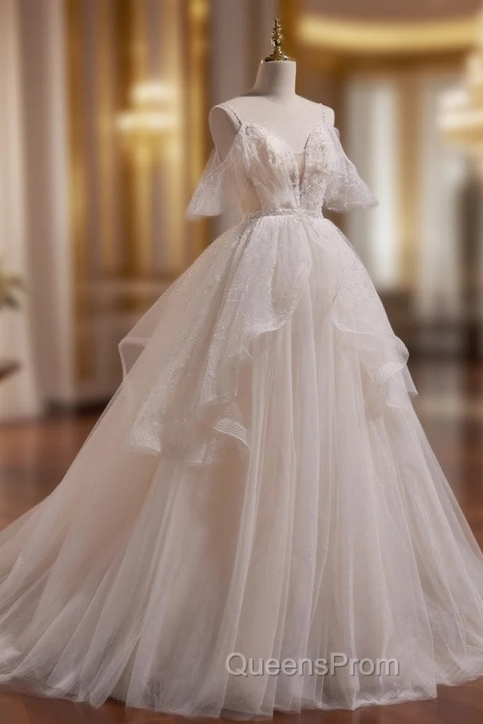 A-line Ivory Beaded Tulle Long Wedding Party Dress, Ivory Tulle Floor Length Evening Prom Dress Main image
