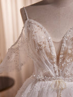 A-line Ivory Beaded Tulle Long Wedding Party Dress, Ivory Tulle Floor Length Evening Prom Dress