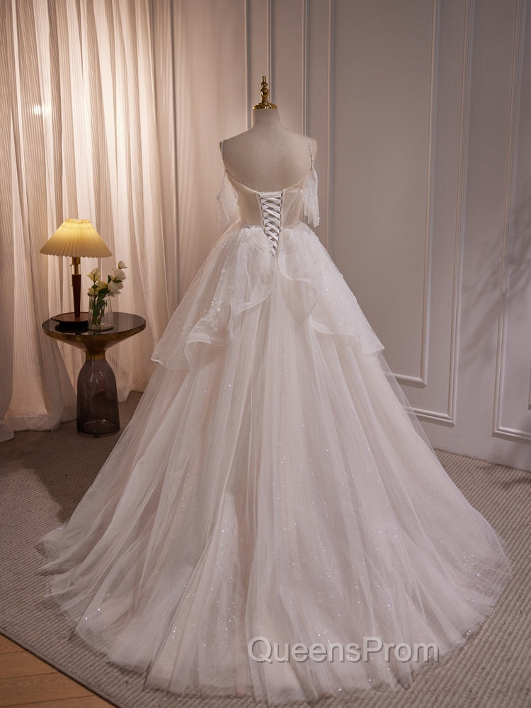 A-line Ivory Beaded Tulle Long Wedding Party Dress, Ivory Tulle Floor Length Evening Prom Dress