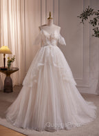 A-line Ivory Beaded Tulle Long Wedding Party Dress, Ivory Tulle Floor Length Evening Prom Dress
