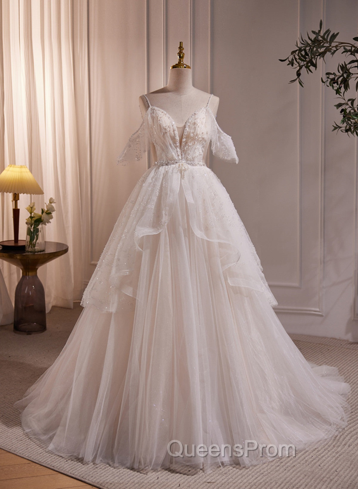 A-line Ivory Beaded Tulle Long Wedding Party Dress, Ivory Tulle Floor Length Evening Prom Dress