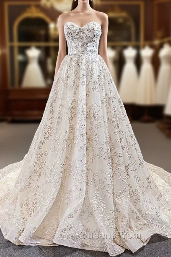 A-Line Ivory White Sweetheart Embroidery Sleeveless Evening Prom Dress