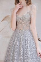A Line Jewel Neck Floor Length Sleeveless Zipper Prom Dresses