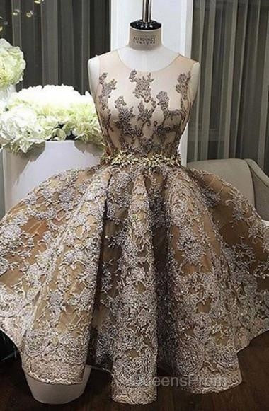 A-Line Jewel Sleeveless Short Evening Prom Dress With Lace Appliques Secondary image