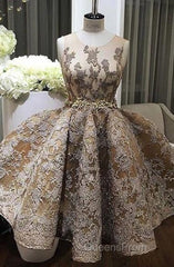 A-Line Jewel Sleeveless Short Evening Prom Dress With Lace Appliques