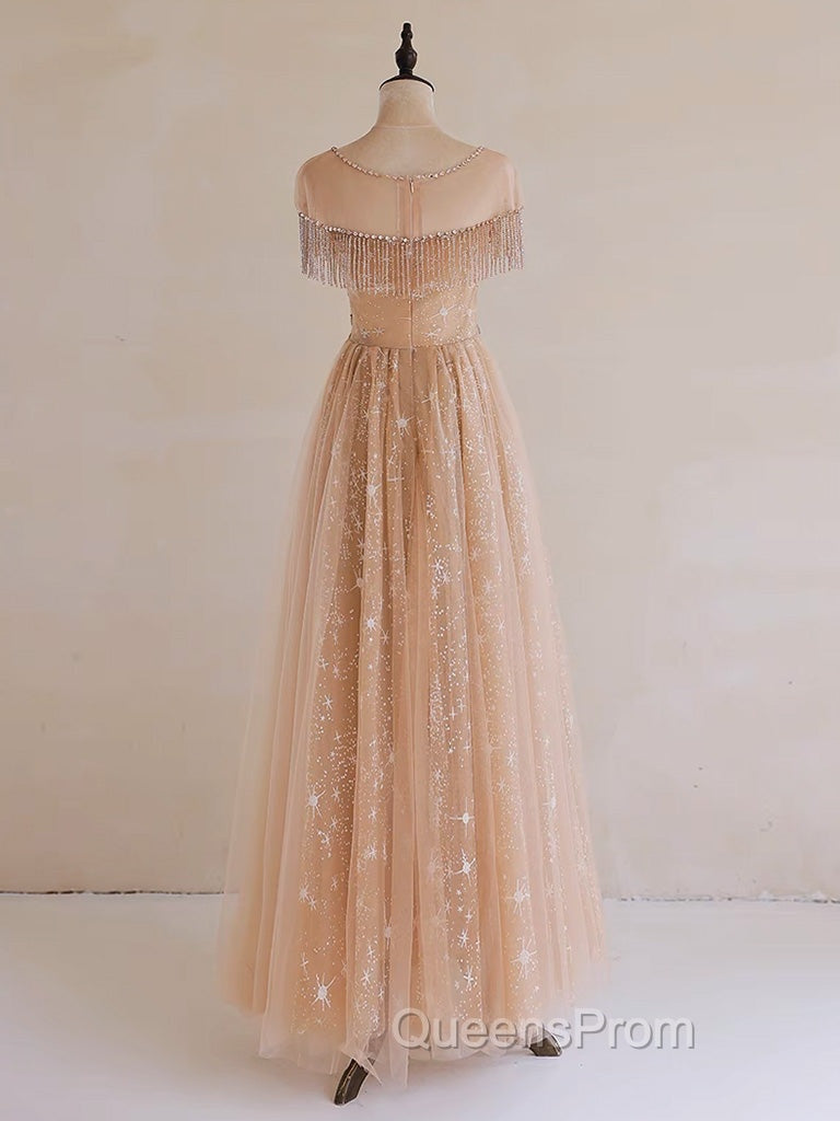 A-Line Lace Champagne Long Evening Prom Dress, Champagne Lace Long Evening Dress Secondary image