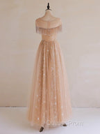 A-Line Lace Champagne Long Evening Prom Dress, Champagne Lace Long Evening Dress