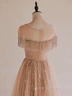 A-Line Lace Champagne Long Evening Prom Dress, Champagne Lace Long Evening Dress