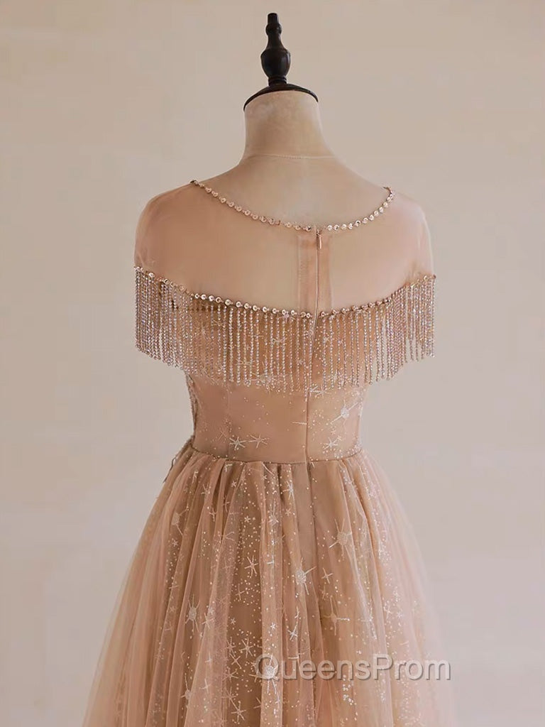 A-Line Lace Champagne Long Evening Prom Dress, Champagne Lace Long Evening Dress