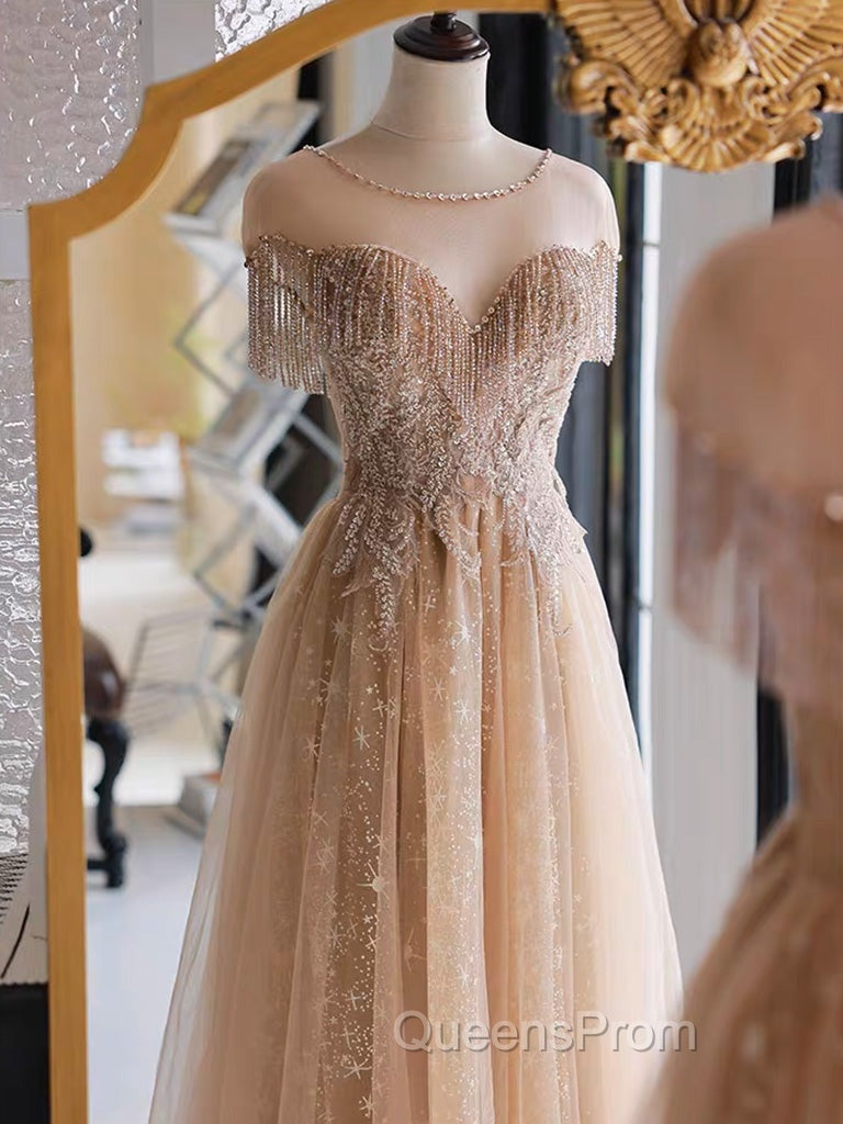 A-Line Lace Champagne Long Evening Prom Dress, Champagne Lace Long Evening Dress
