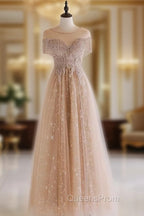 A-Line Lace Champagne Long Evening Prom Dress, Champagne Lace Long Evening Dress