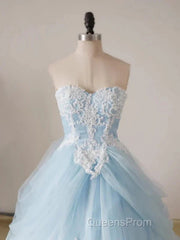 A-Line Lace Chicken Heart Collar Blue Long Ball Dress Sky Blue Evening Prom Dress