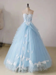 A-Line Lace Chicken Heart Collar Blue Long Ball Dress Sky Blue Evening Prom Dress