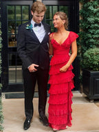 A Line Red Lace Long Classy Prom Dress